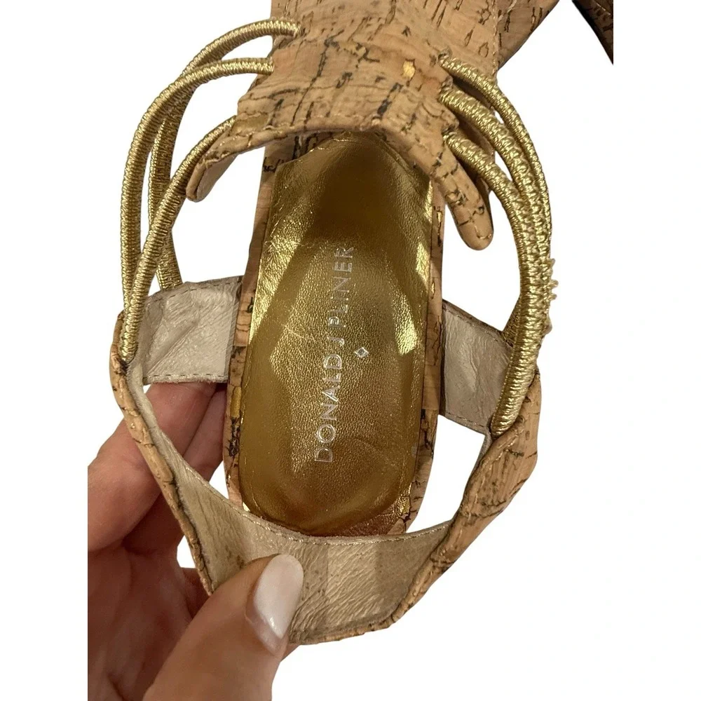 Donald Pilner Vensa Cork Wedge Sandal With Gold Lame Accent 9.5